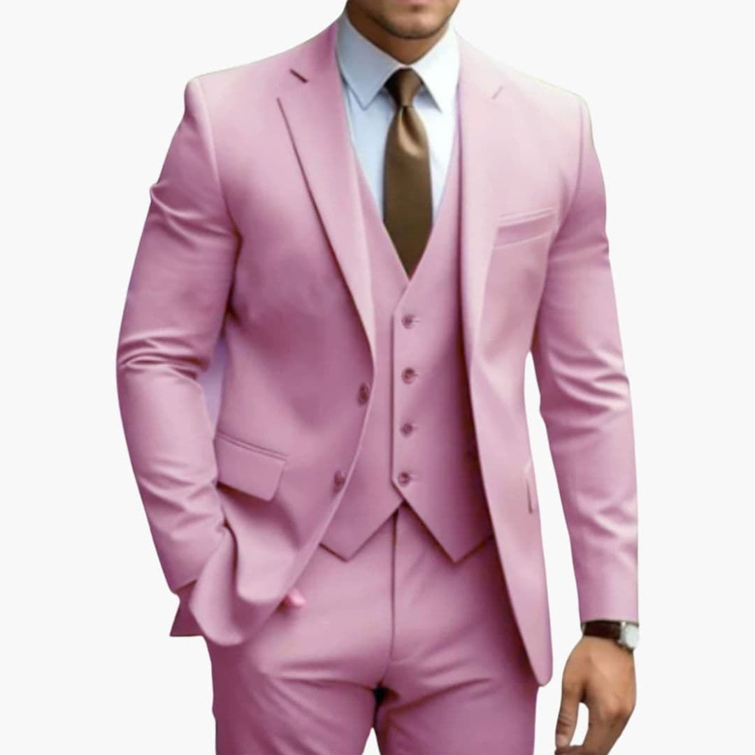Men's slim fit charcoal three-piece suit notched lapel blazer vest pants professional executive style