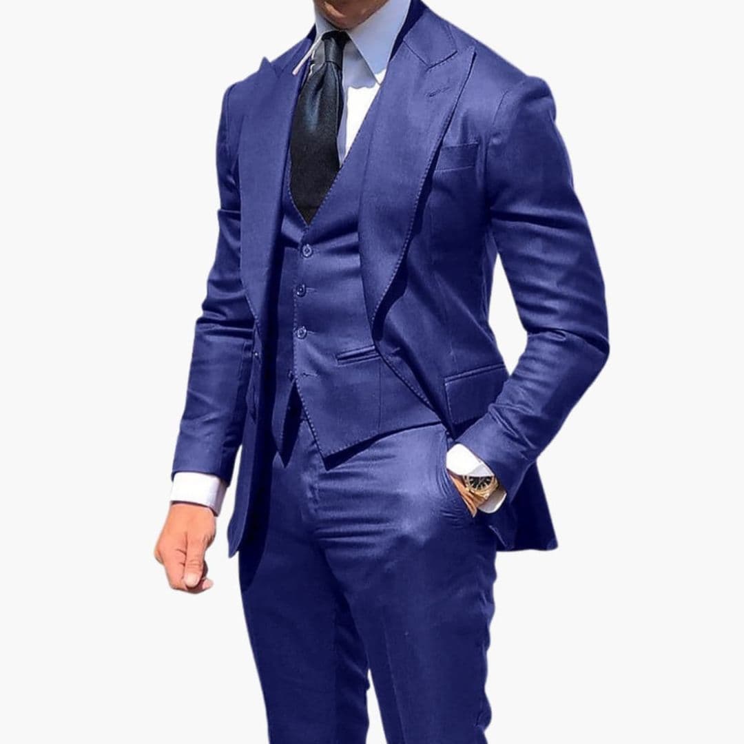 Men's charcoal three-piece suit with buttoned vest, notched collar blazer, and straight-fit formal trousers