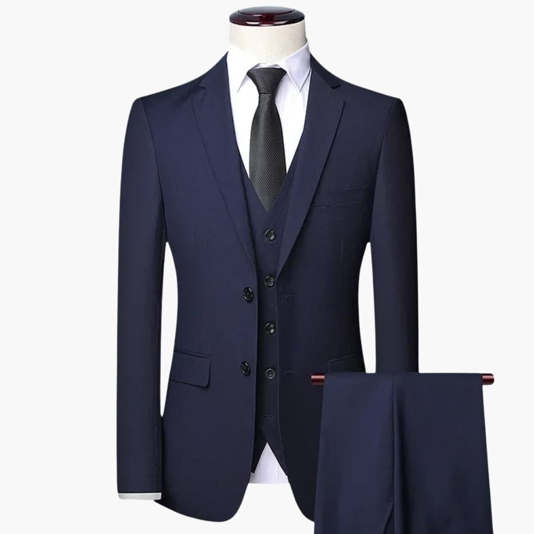 Men's slim fit three-piece suit with vest, notch lapel jacket, tailored formal wedding style