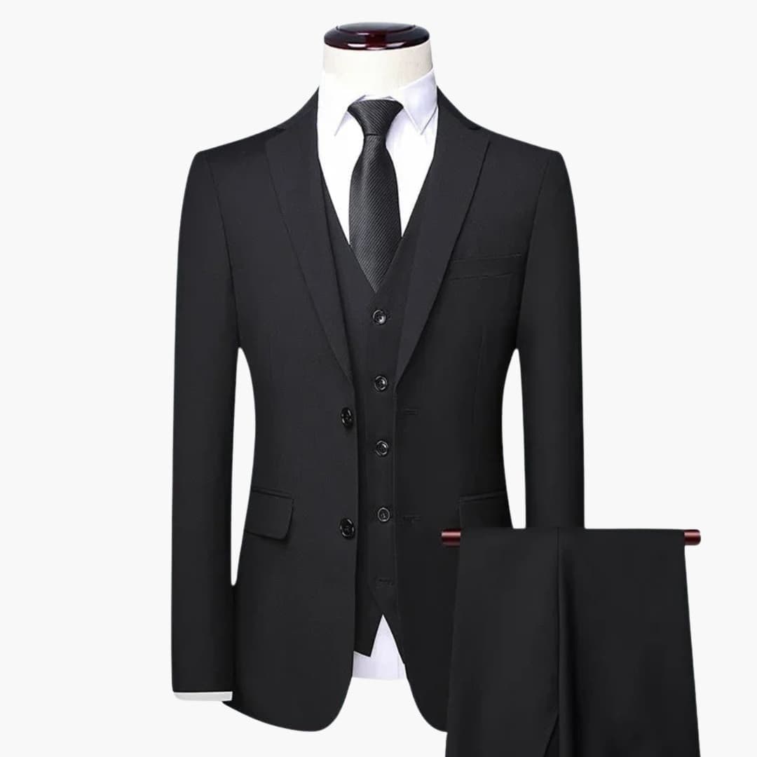 Men's slim fit three-piece suit with vest, notch lapel jacket, tailored for formal events