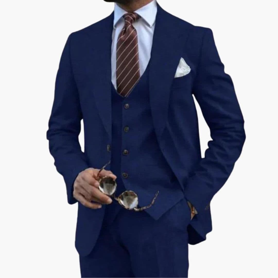 Navy blue three-piece men's suit notched lapel jacket sleeveless vest straight pants business formal