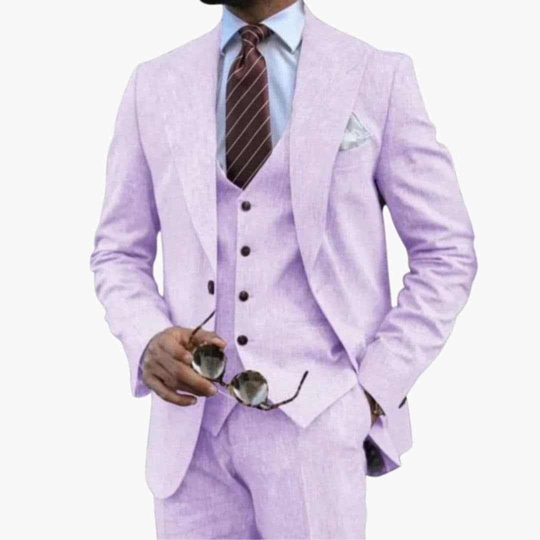 Navy blue three-piece men's suit notched lapel jacket sleeveless vest straight pants business formal