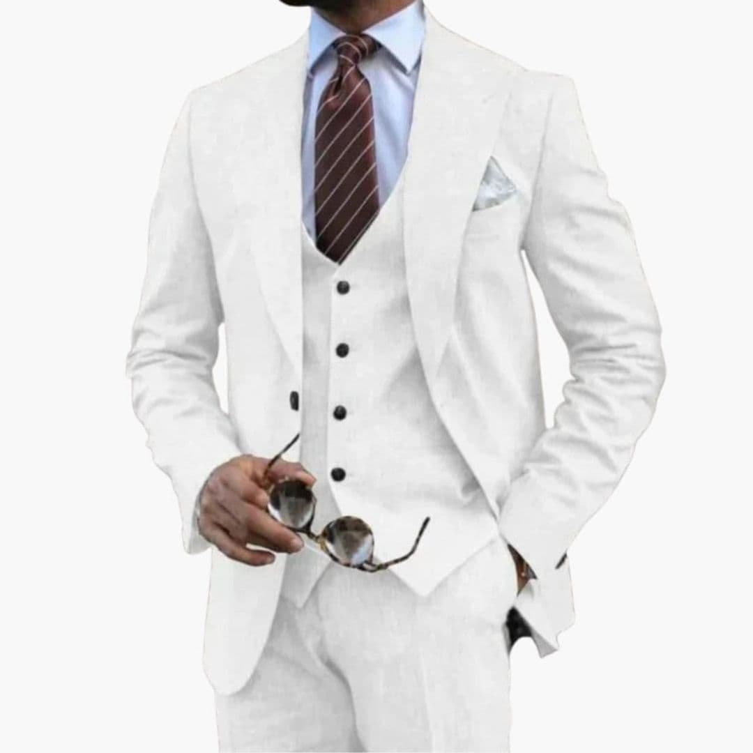 Navy blue three-piece men's suit notched lapel jacket sleeveless vest straight pants business formal