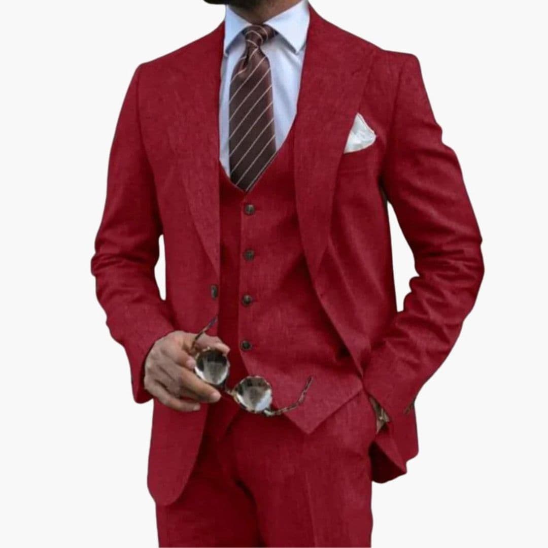 Navy blue three-piece men's suit notched lapel jacket sleeveless vest straight pants business formal