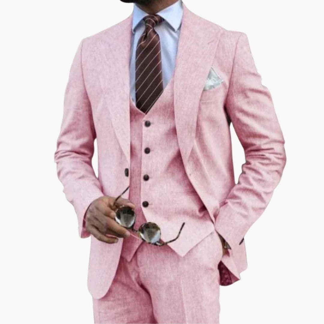 Navy blue three-piece men's suit notched lapel jacket sleeveless vest straight pants business formal