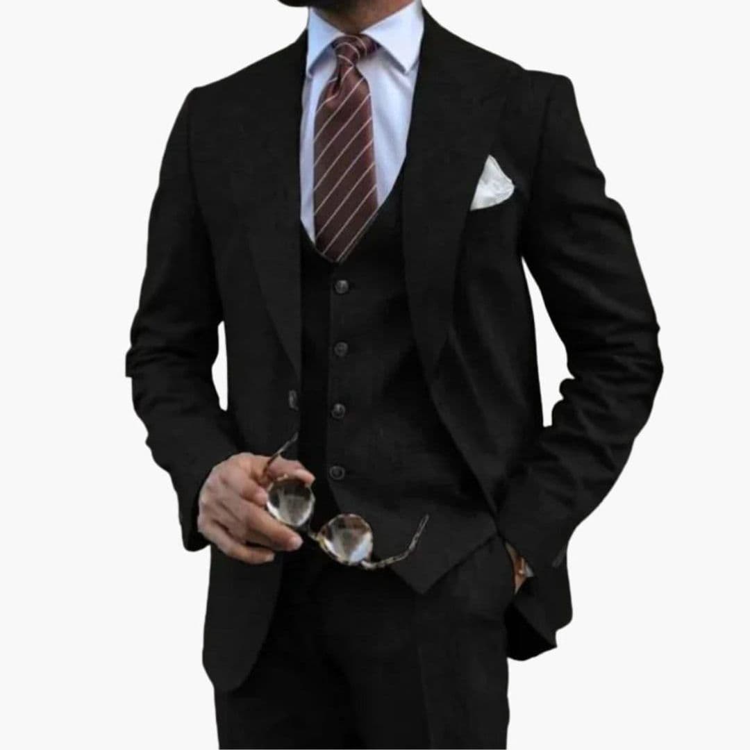 Navy blue three-piece men's suit notched lapel jacket sleeveless vest straight pants business formal