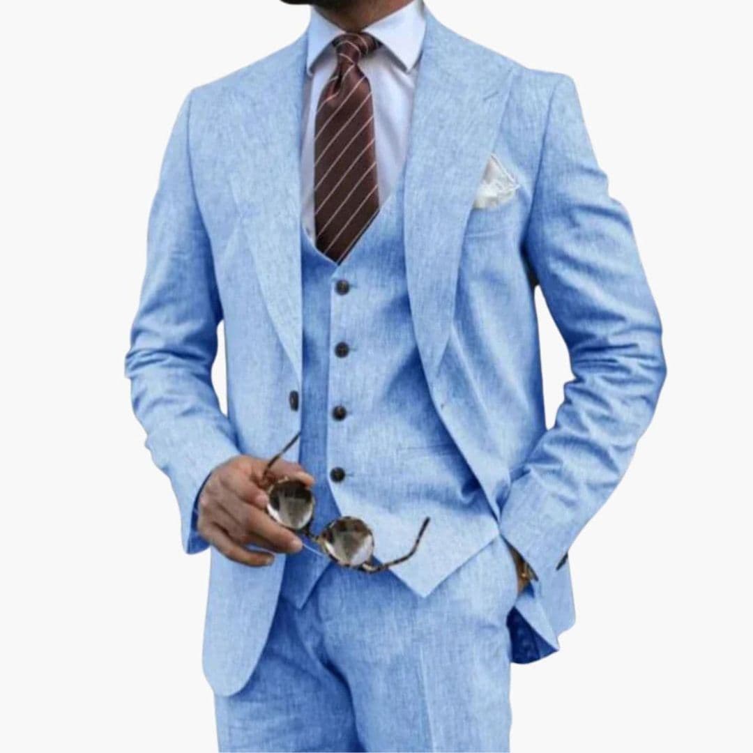 Navy blue three-piece men's suit notched lapel jacket sleeveless vest straight pants business formal