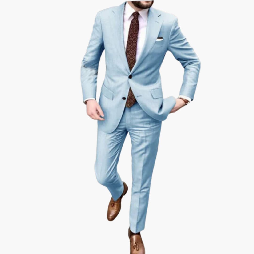 Men's slim fit two-piece suit, notched lapel, lightweight professional wear, tailored pants, year-round