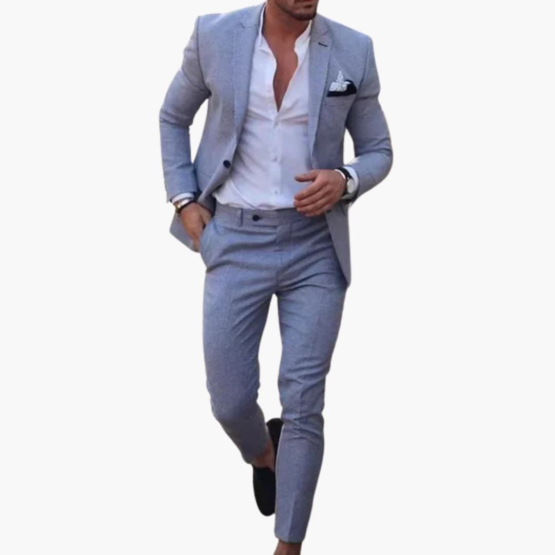 Men's slim fit charcoal wool blend suit with fitted jacket and flat front trousers