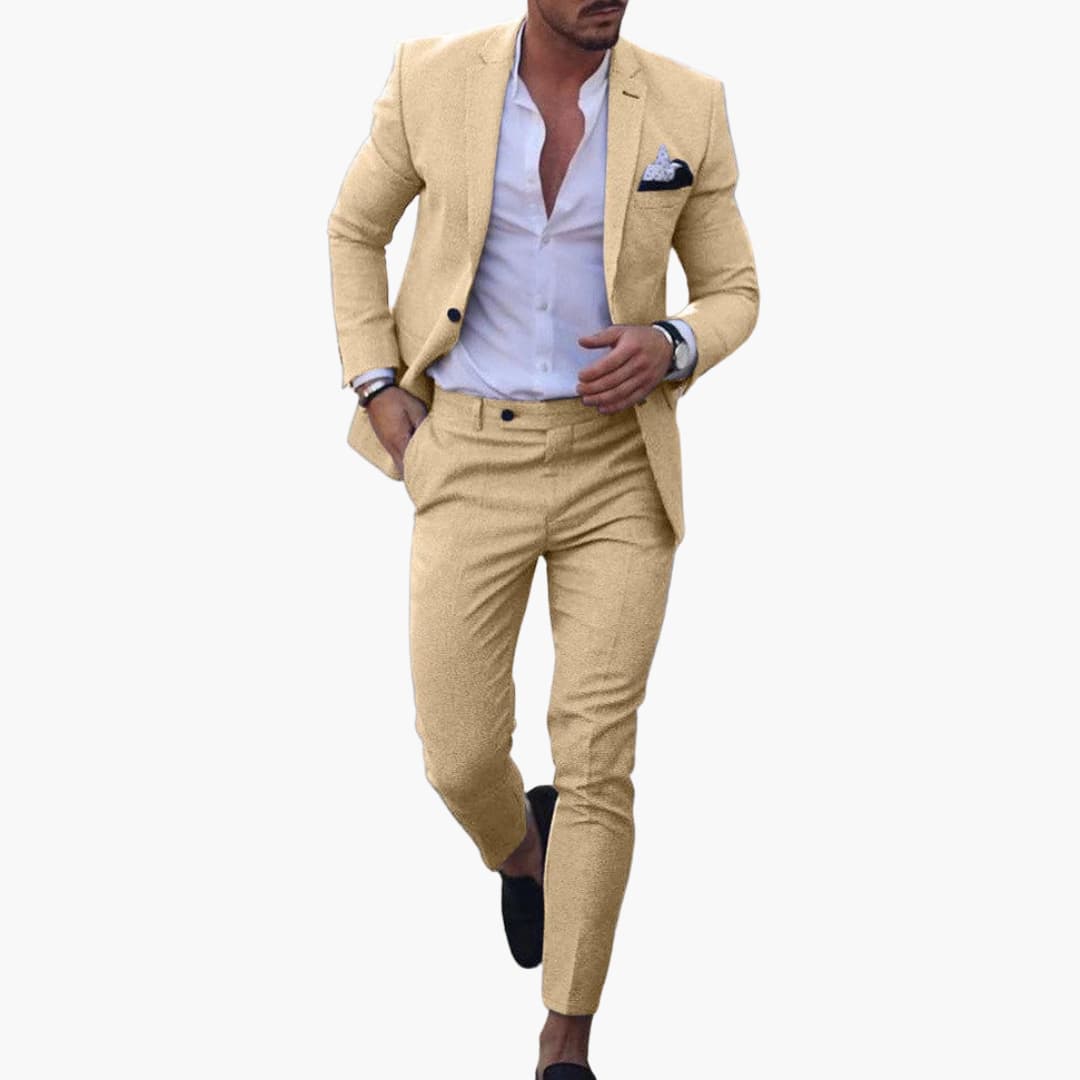 Men's slim fit charcoal wool blend suit with tailored jacket and flat front trousers