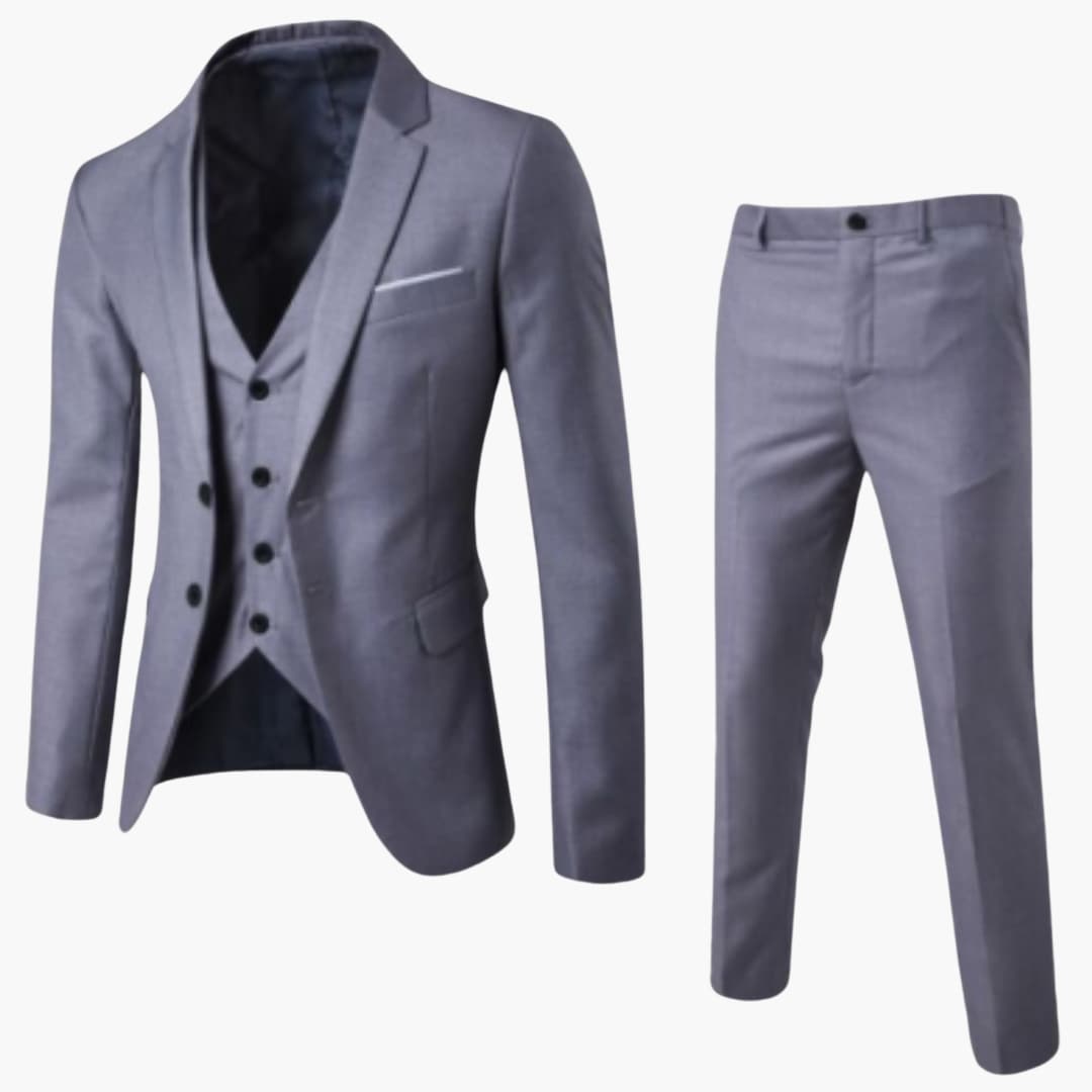 Men's charcoal three-piece suit one-button jacket notch lapel vest year-round professional slim fit