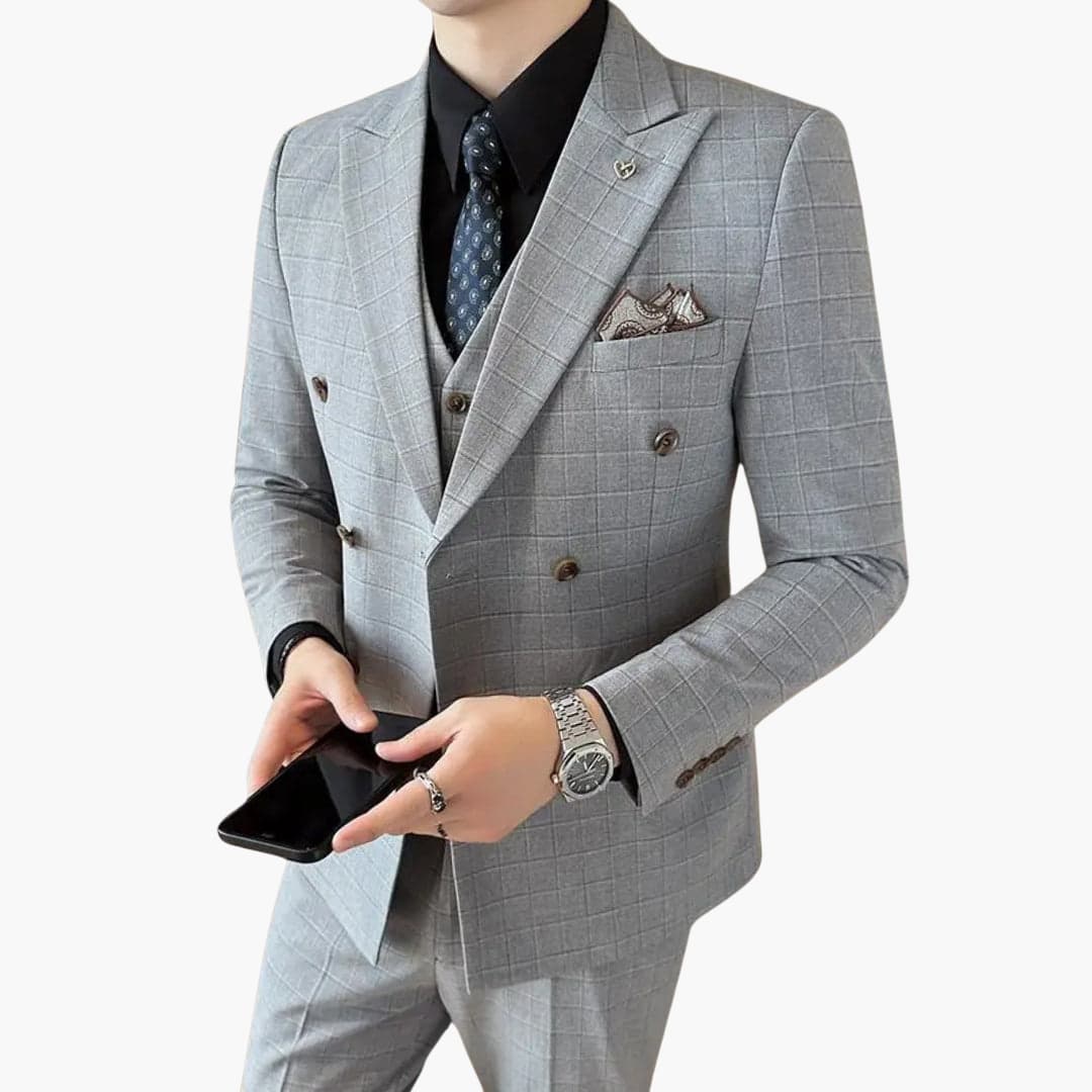 Men's gray check three-piece suit notch lapel double-breasted jacket vest trousers classic fit