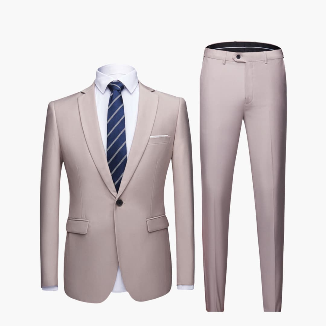Men's navy slim-fit two-piece suit with structured blazer and flat-front trousers for office wear