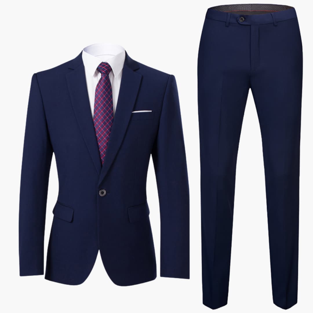 Men's navy slim-fit two-piece suit with structured blazer and flat-front trousers for office wear