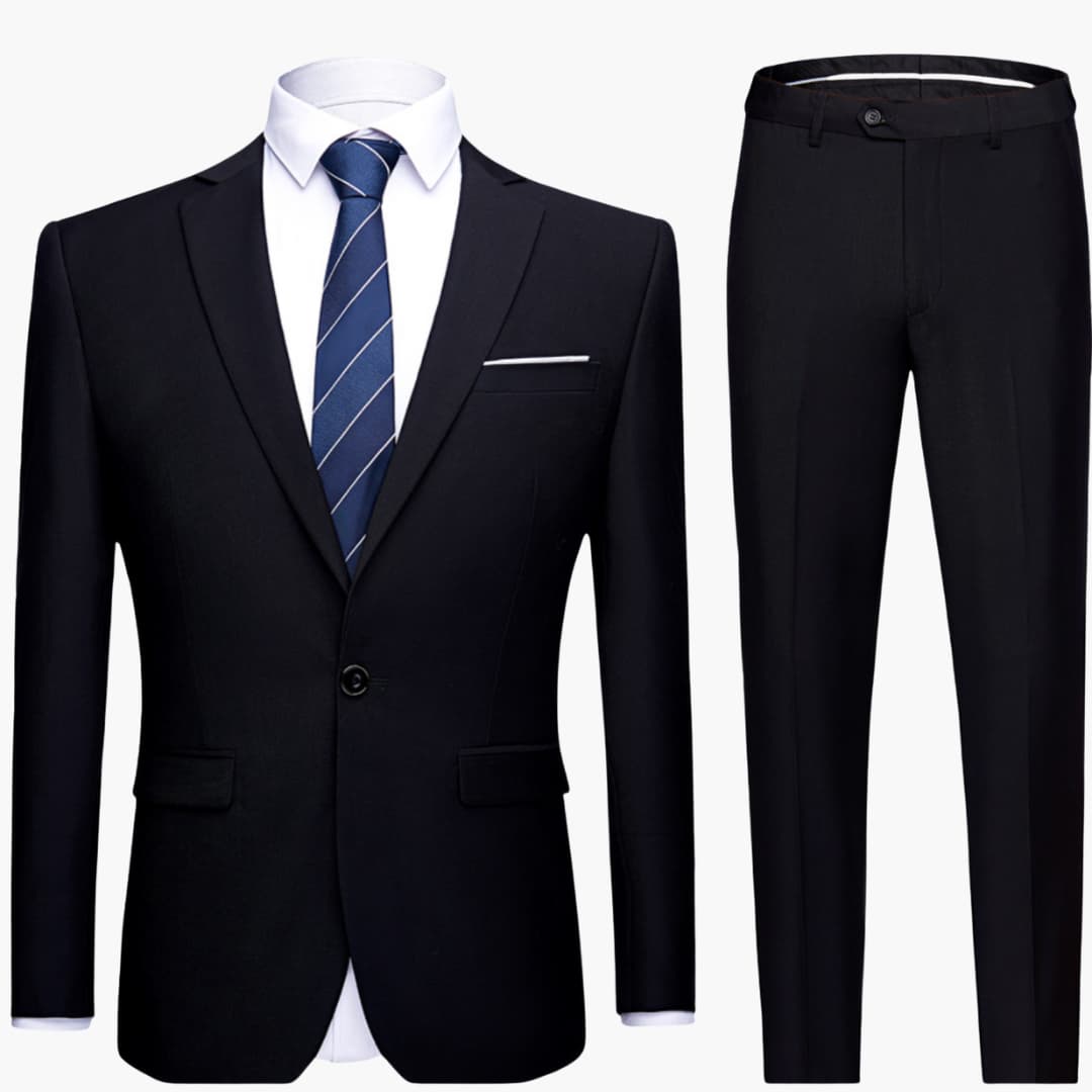 Men's charcoal slim-fit two-piece suit with structured blazer and flat-front trousers for formal wear
