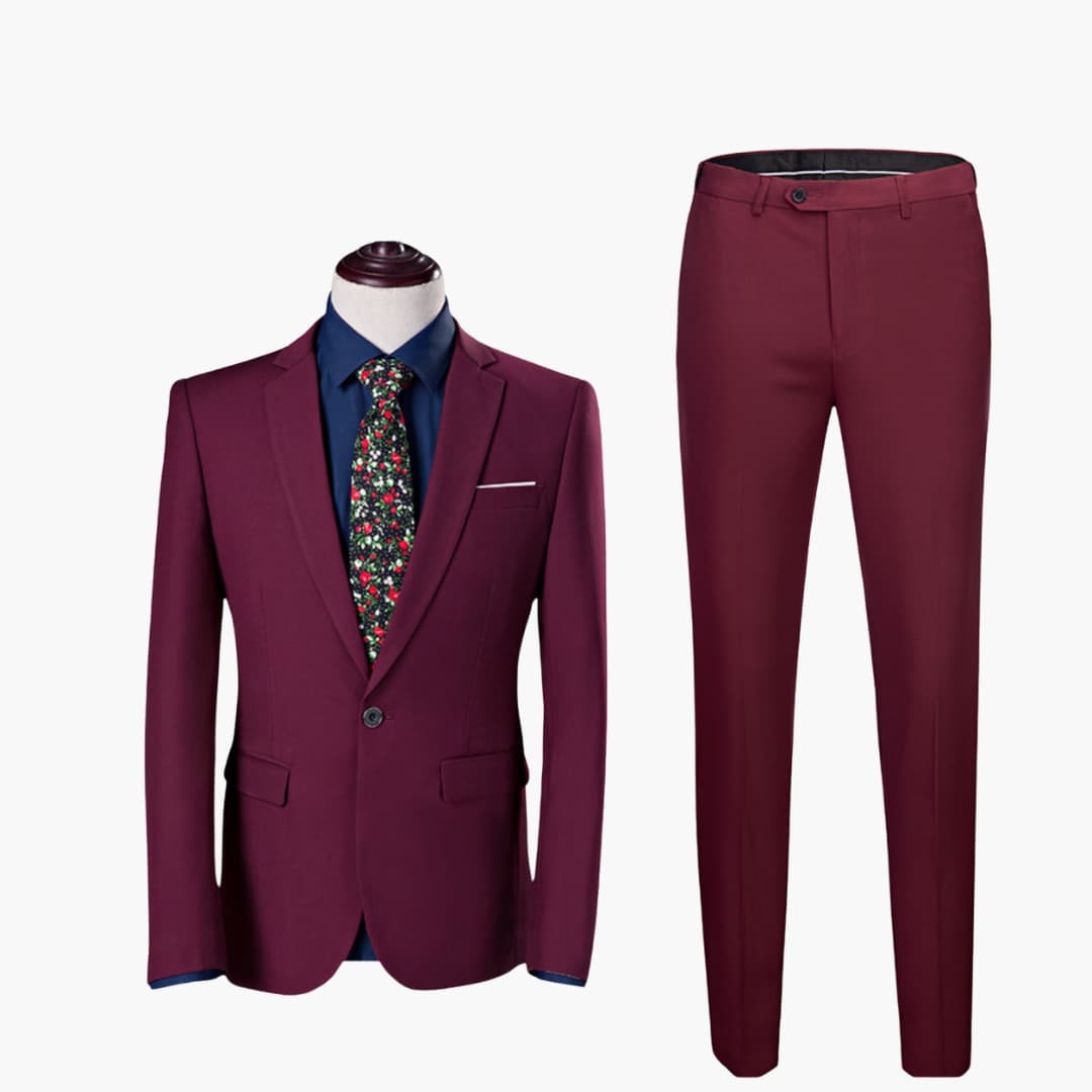Men's charcoal slim-fit two-piece suit with structured blazer and flat-front trousers for office wear