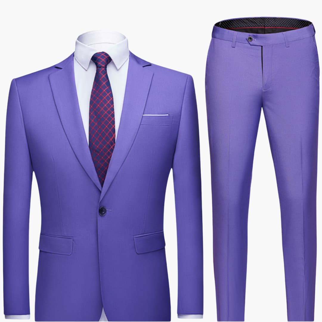 Men's navy two-piece slim-fit suit with blazer and flat-front trousers for office formal wear
