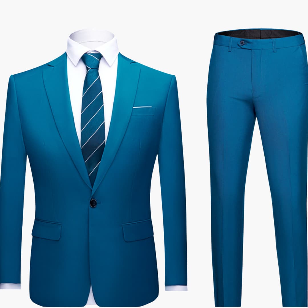 Men's dark navy two-piece slim-fit suit with structured blazer and flat-front trousers for office wear