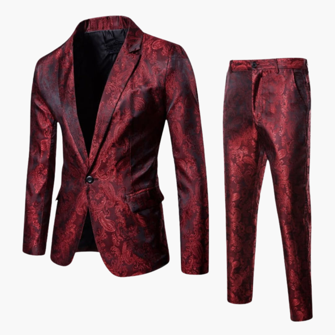Men's slim-fit jacquard two-piece suit, notch lapel blazer with tailored pants, modern professional style