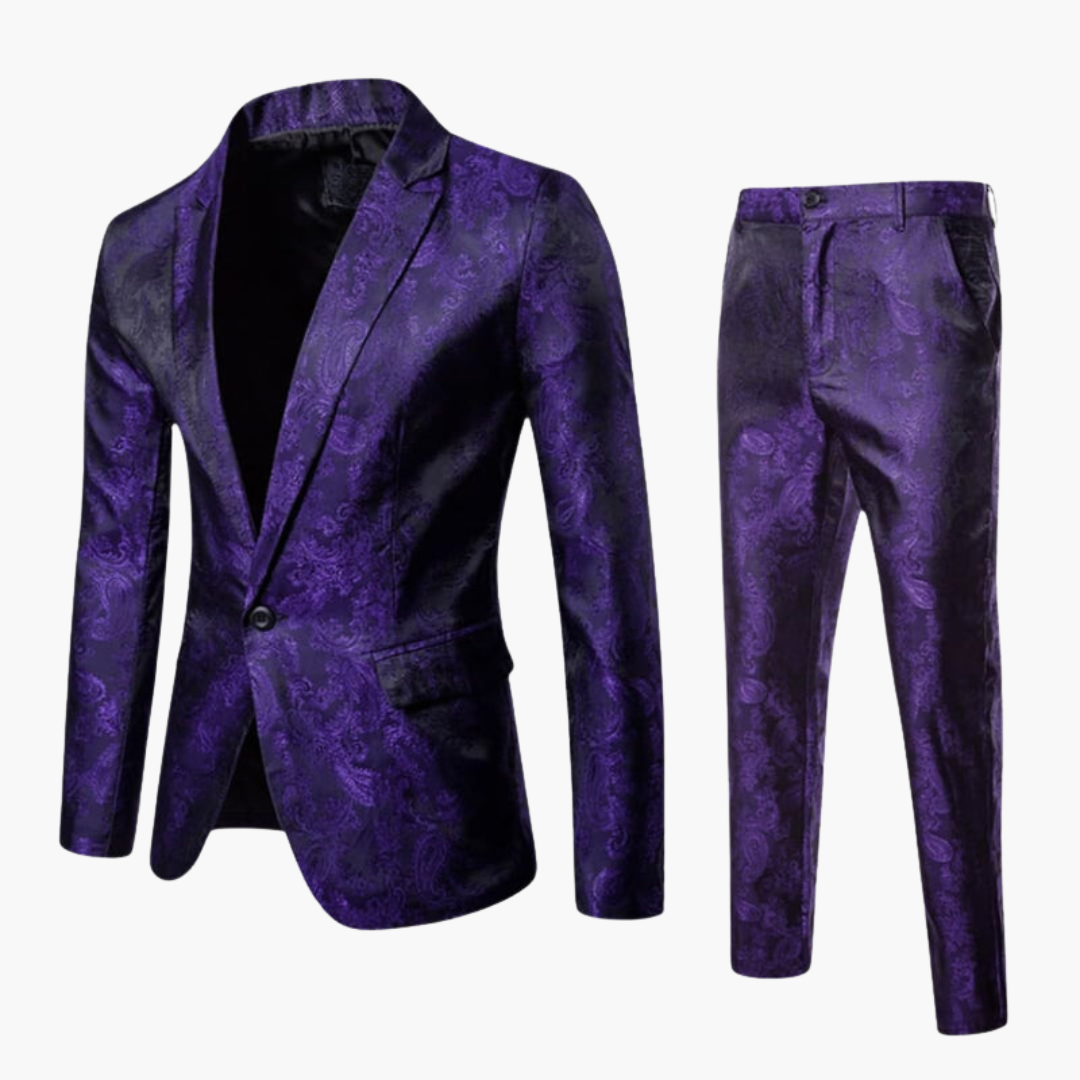Men's slim-fit jacquard two-piece suit, notch lapel blazer with tailored pants for professionals
