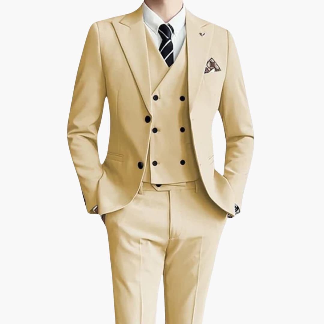Men's charcoal 3-piece fitted suit with lapel collar jacket, vest, and tailored trousers