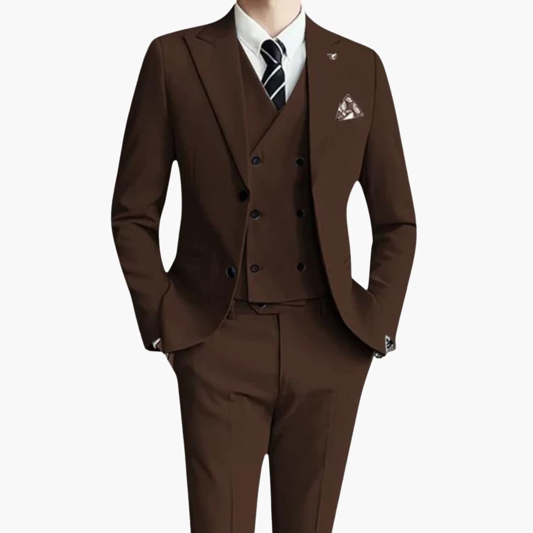 Men's charcoal 3-piece fitted suit with lapel collar jacket, vest, and tailored trousers