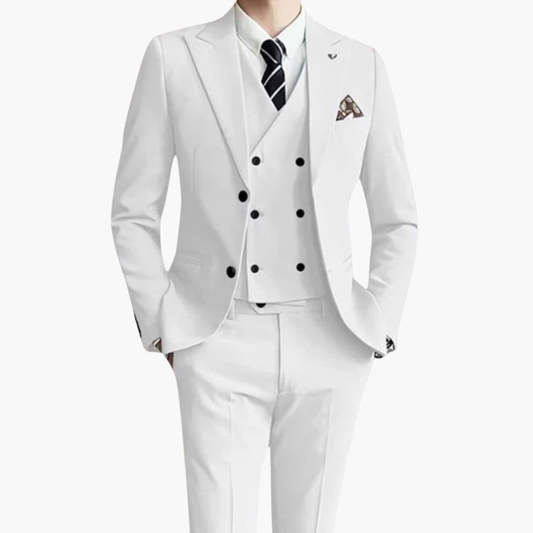 Men's charcoal 3-piece fitted suit with lapel collar jacket, vest, and tailored trousers