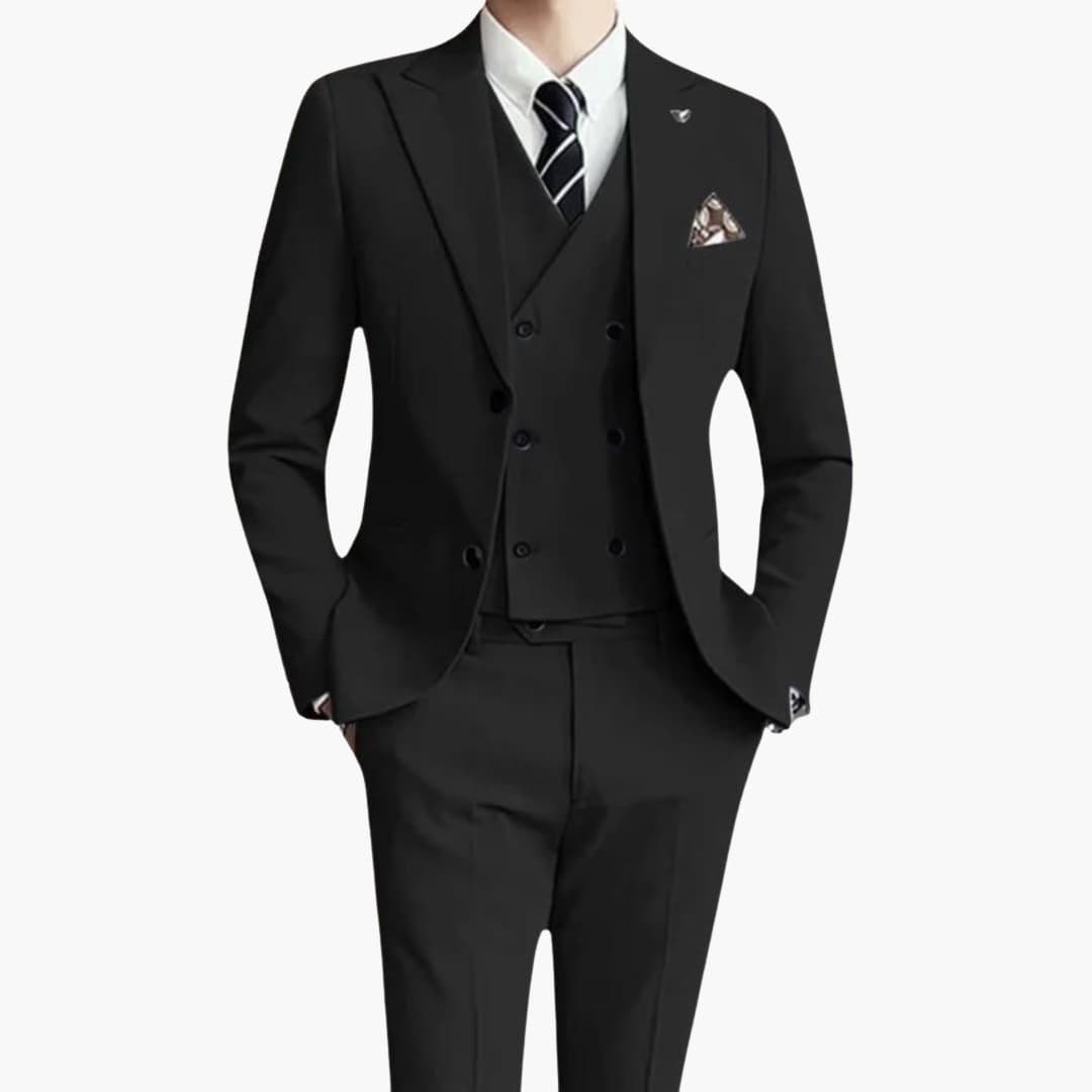 Men's navy 3-piece fitted suit with lapel collar jacket, vest, and trousers for formal occasions
