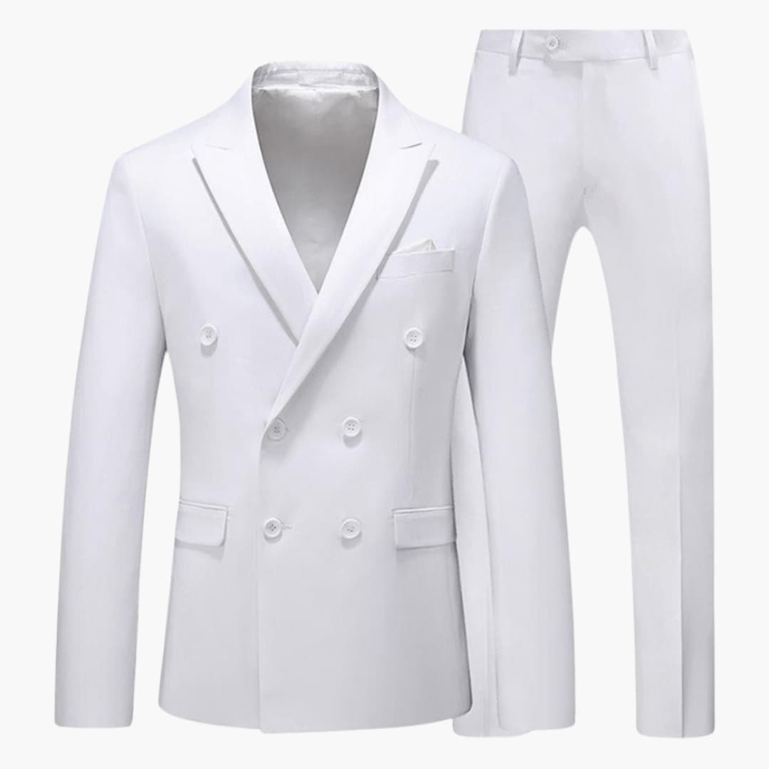 Men's light beige double-breasted two-piece summer suit tailored fit with notch lapels