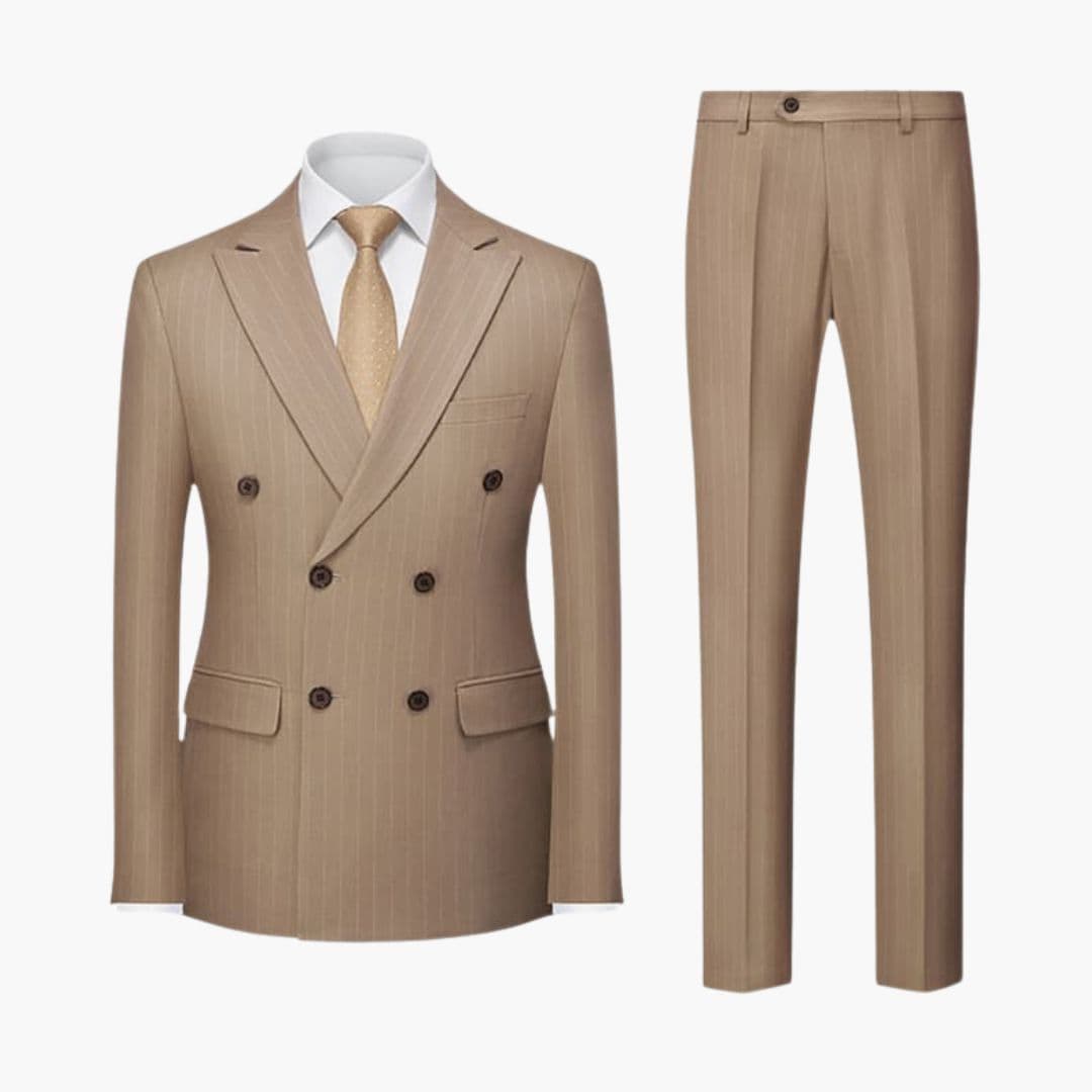 Men's striped two-piece suit with lapel collar jacket and coordinated trousers for formal occasions