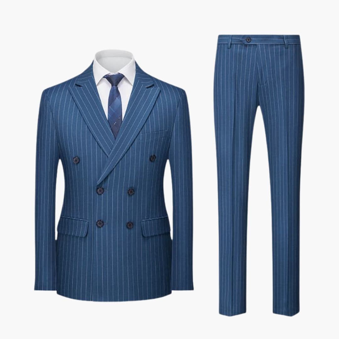 Men's striped two-piece suit with lapel collar jacket and coordinated trousers, tailored formal fit