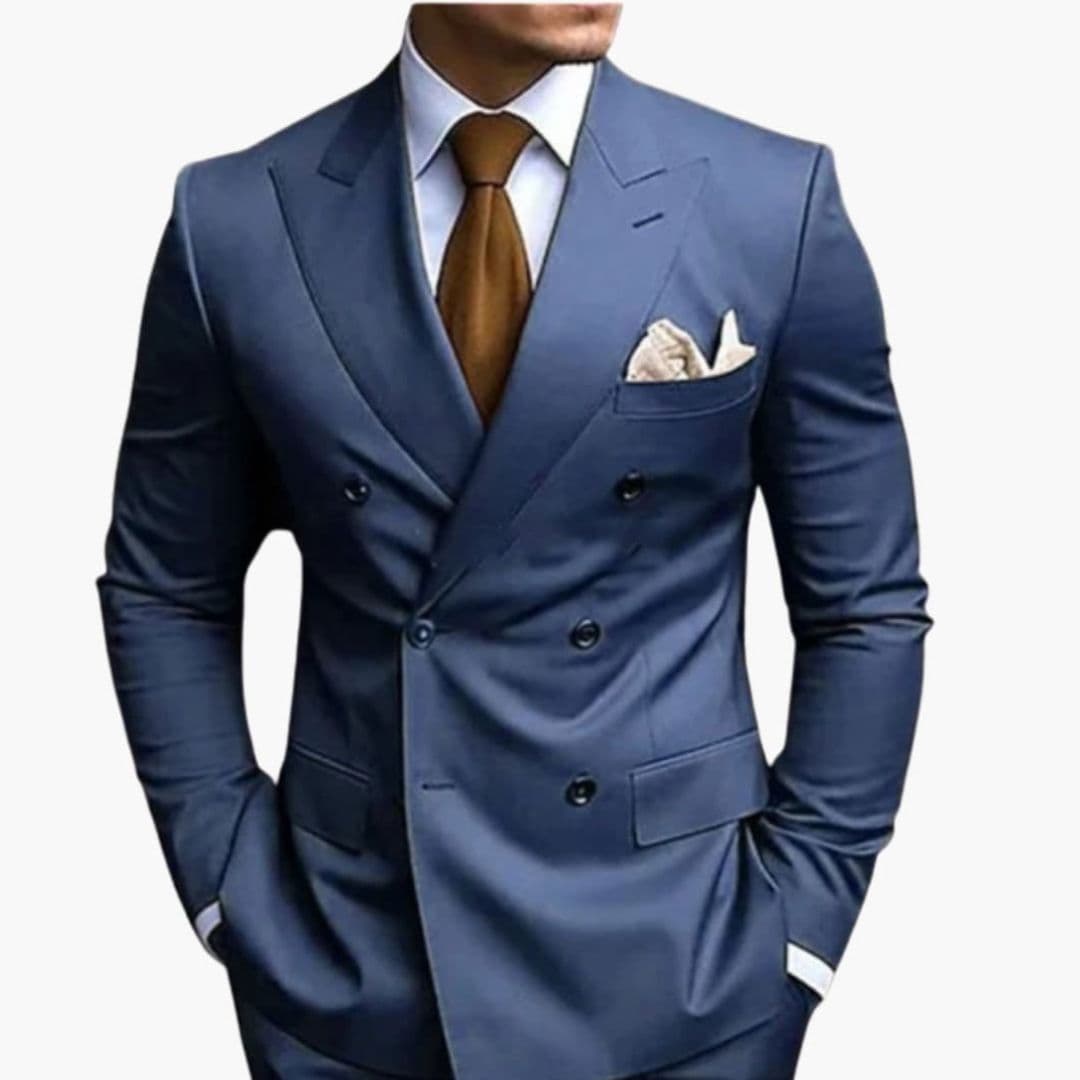 Men's two-piece formal suit with pointed collar blazer, structured shoulders, and straight-leg pants