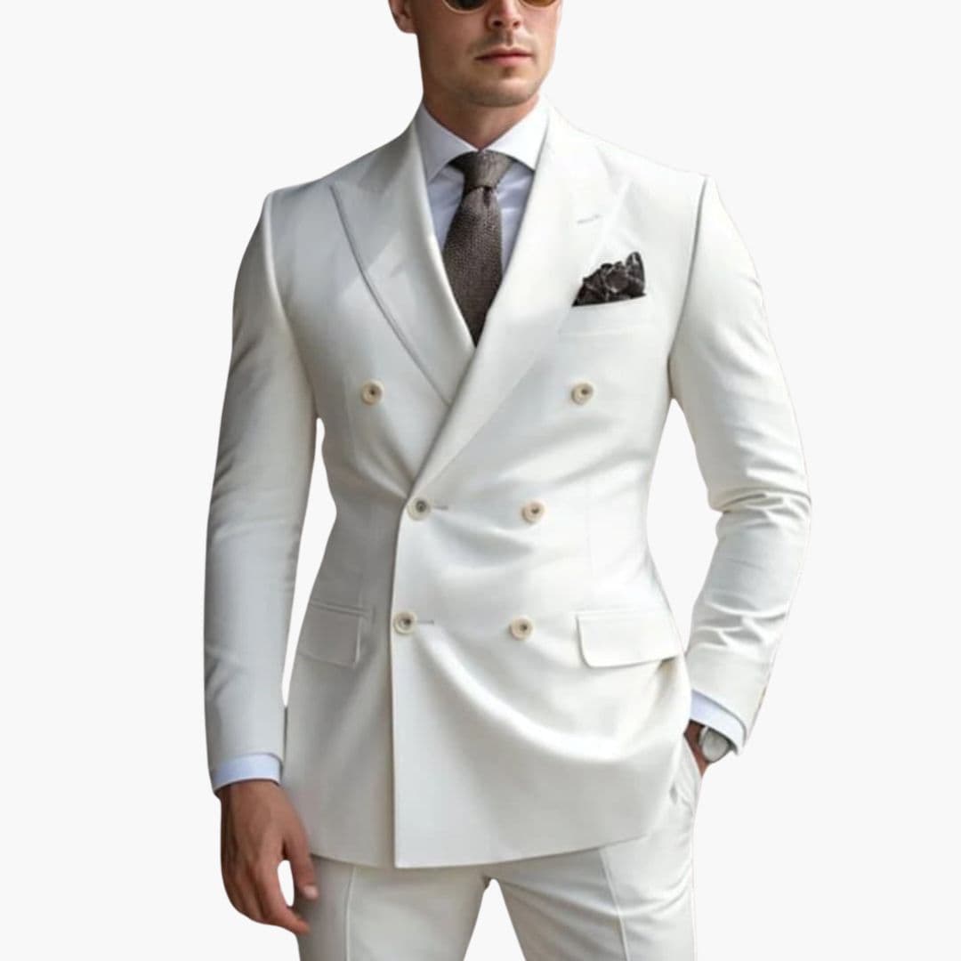 Men's two-piece formal suit with pointed collar blazer, structured shoulders, straight pants, classic fit