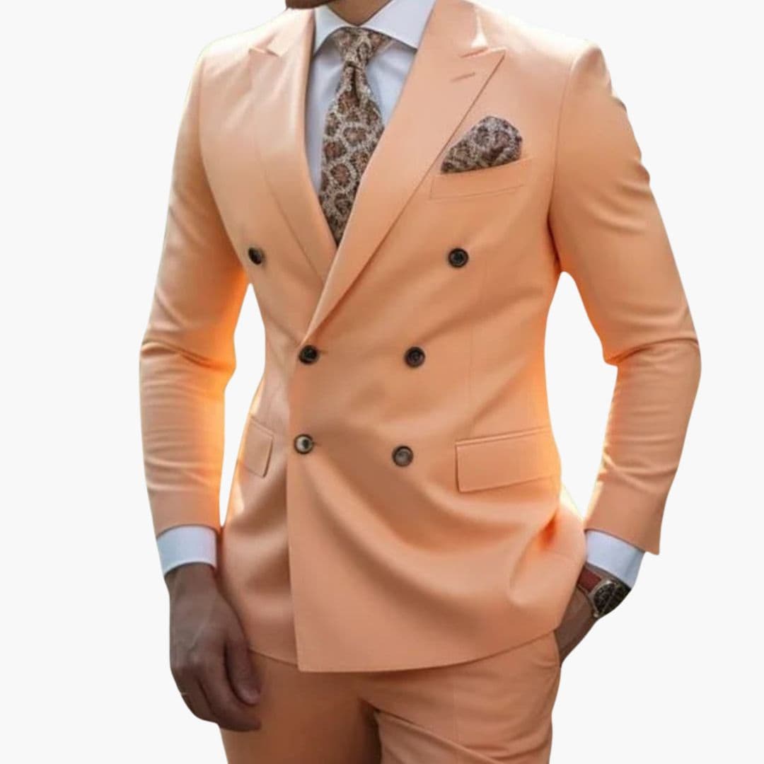 Men's two-piece formal suit with pointed collar blazer, structured shoulders, straight pants, sleek silhouette