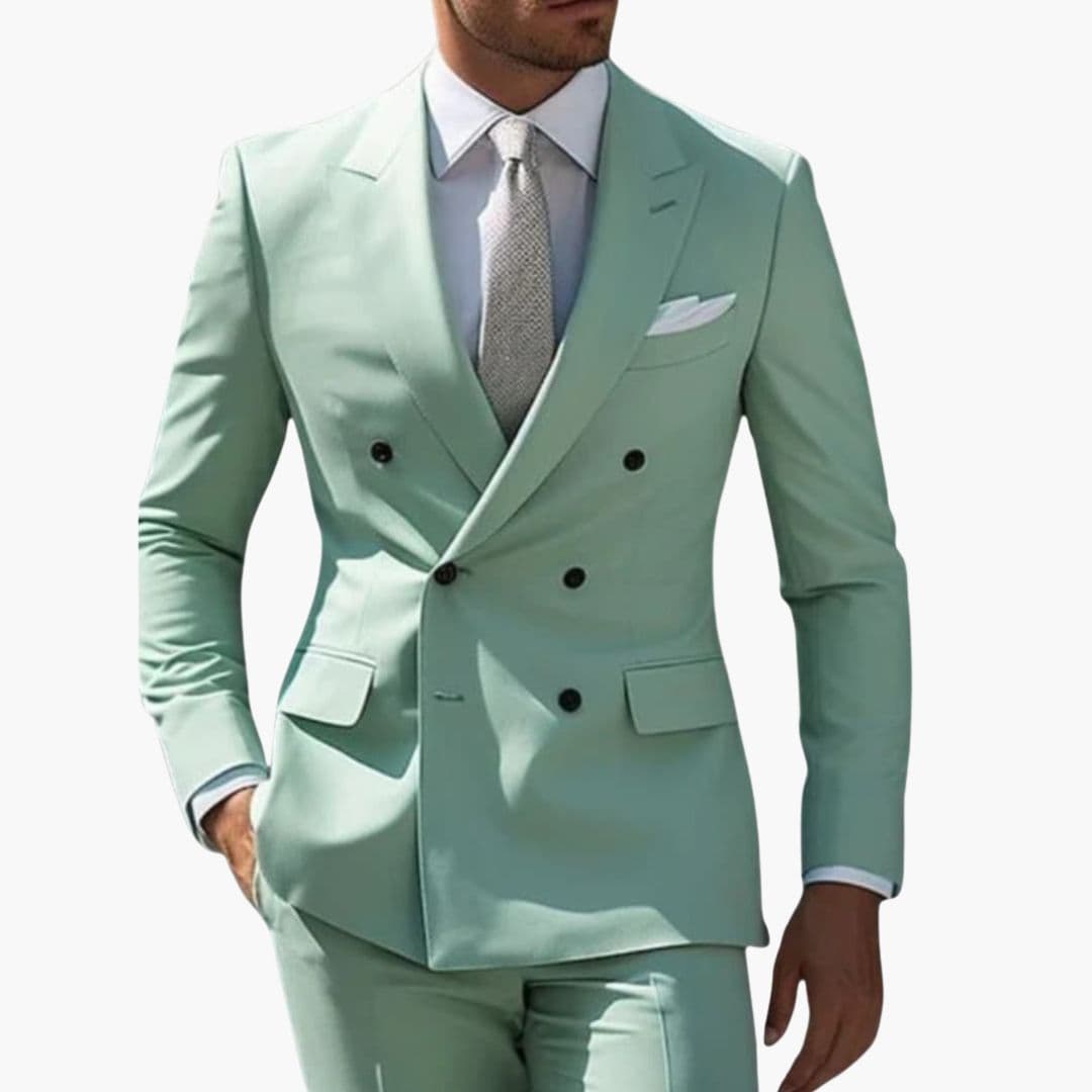 Men's two-piece formal suit with pointed collar blazer, structured shoulders, and straight pants