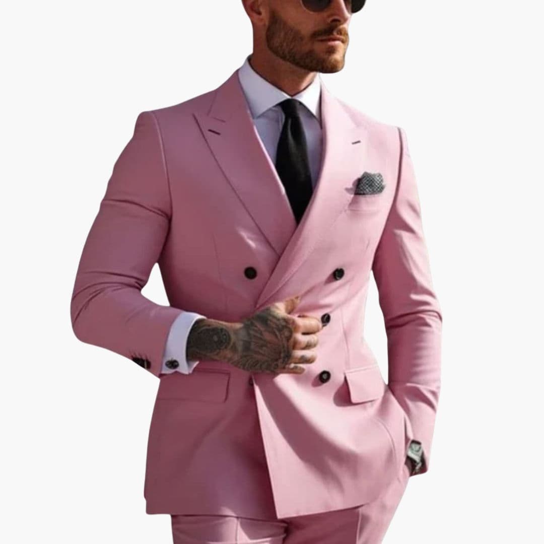 Men's two-piece formal suit with pointed collar blazer, structured shoulders, and straight-leg pants