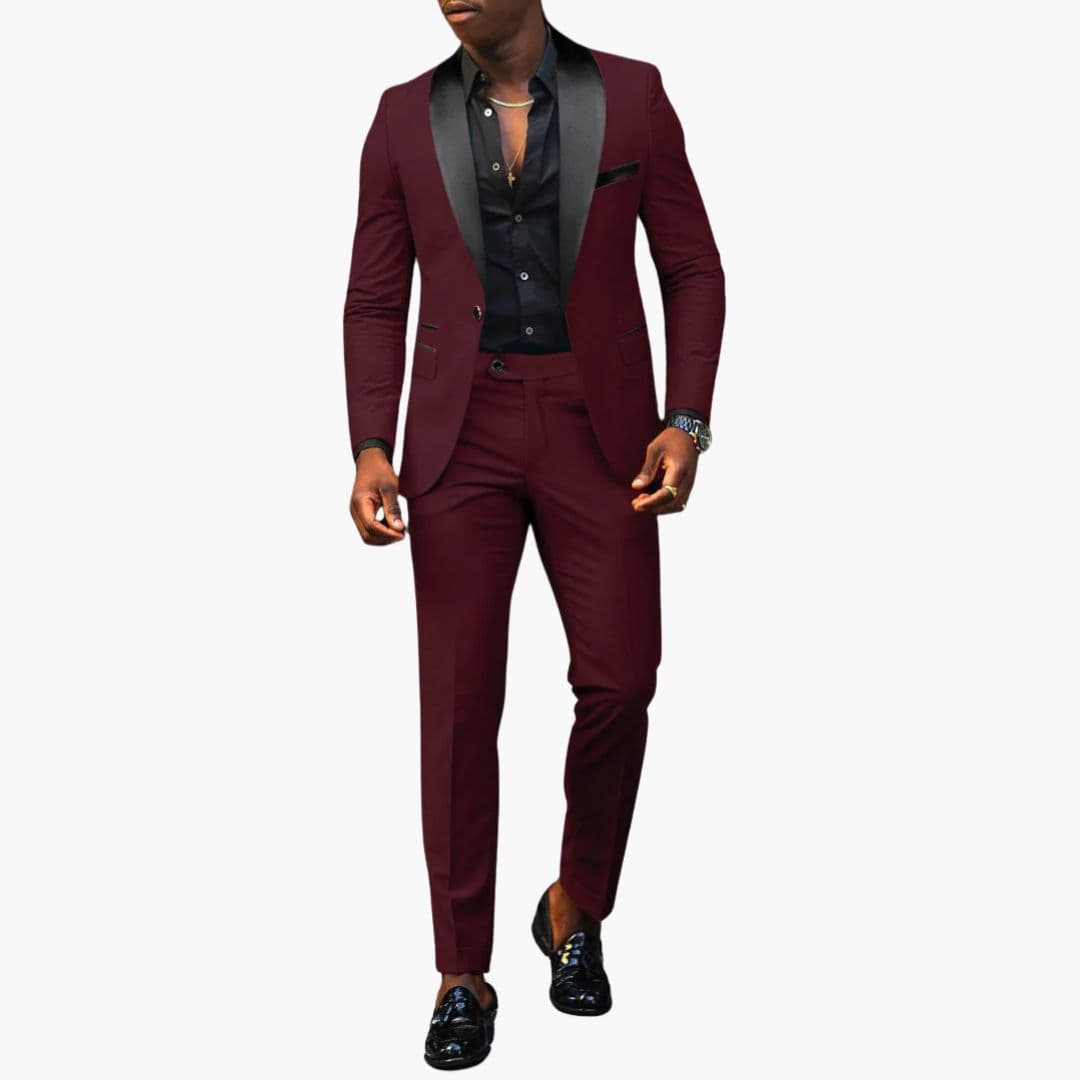 Men's black shawl collar two-piece suit set one-button jacket matching trousers formal evening wear