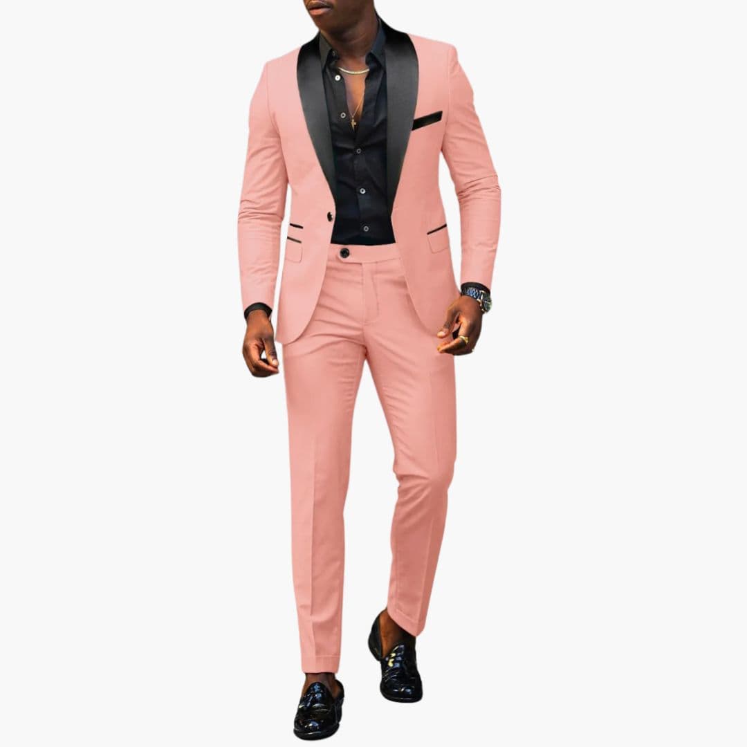 Men's black shawl collar two-piece suit set one-button jacket matching trousers formal evening wear