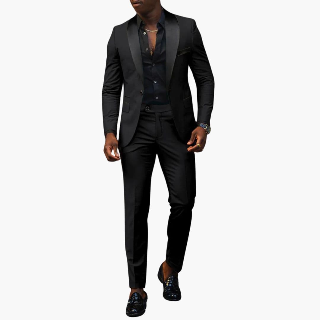 Men's black two-piece shawl collar suit set, one-button jacket with matching trousers, formal slim fit