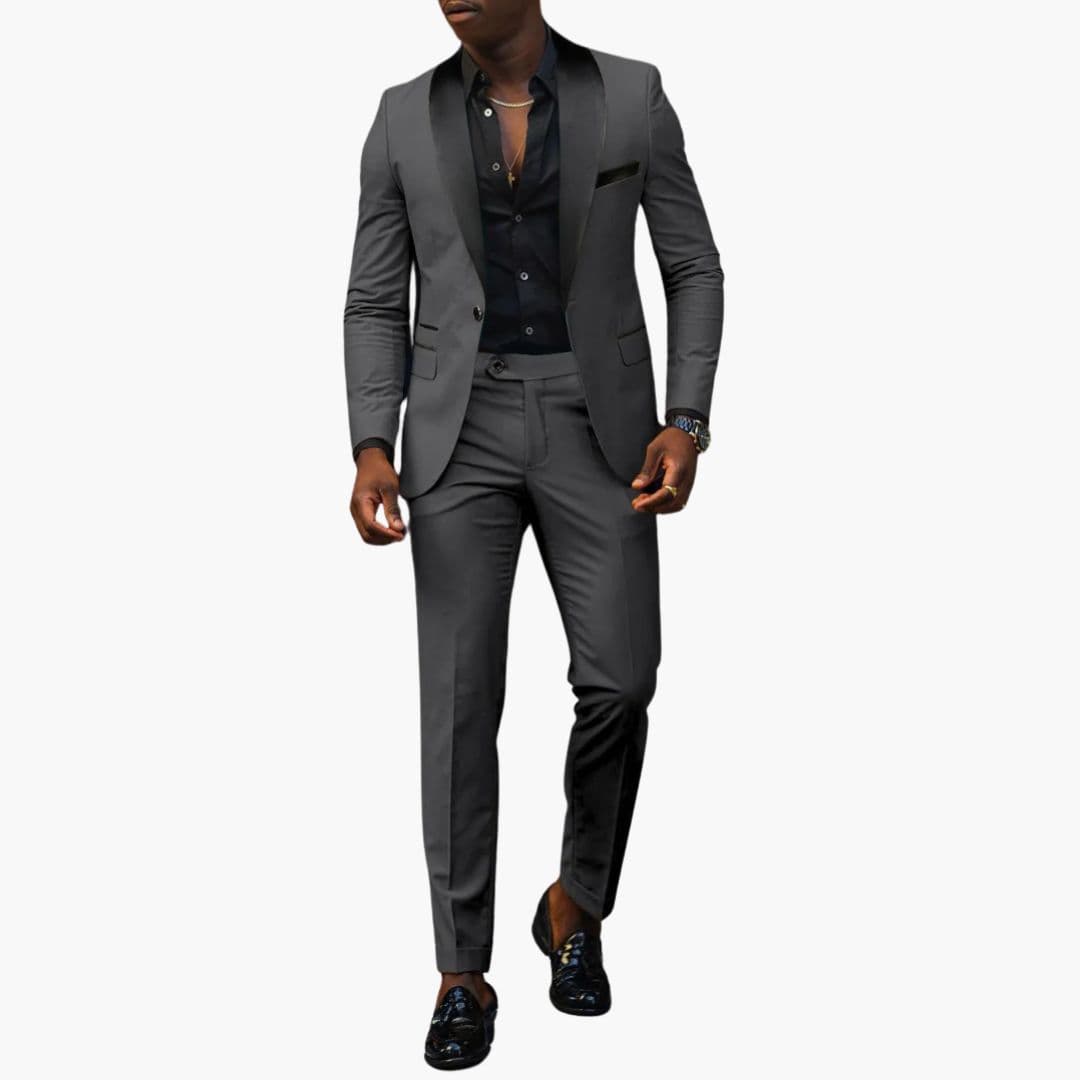 Men's black two-piece shawl collar suit set one-button jacket matching trousers formal slim fit