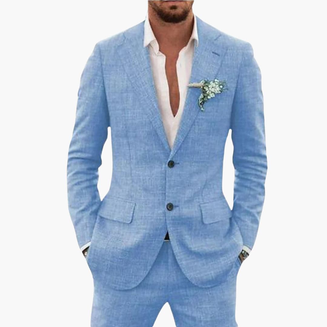 Men's slim fit light beige summer suit structured notched lapel jacket two-button semi-formal
