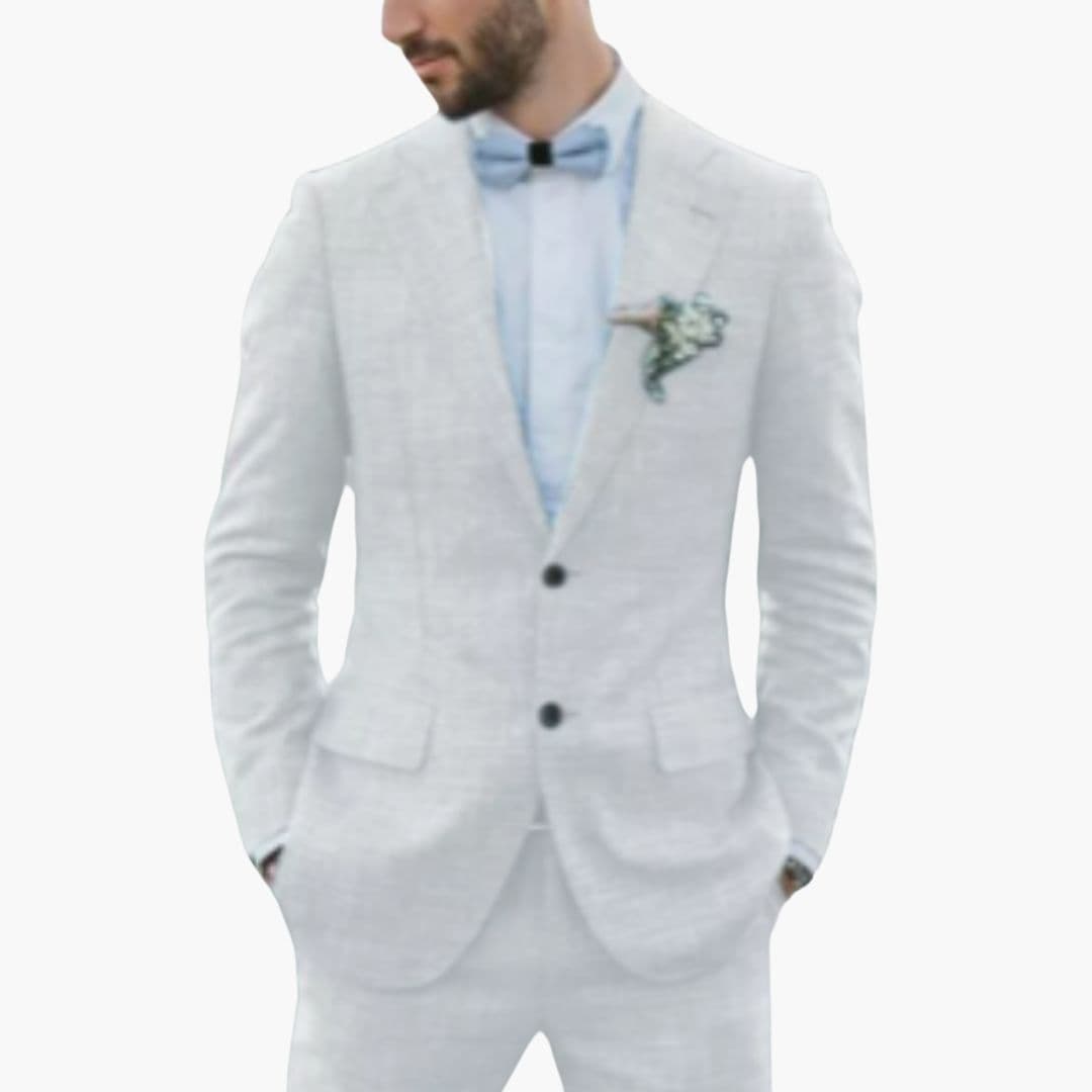 Men's classic navy dress suit notched lapel flap pockets two-button slim fit business attire