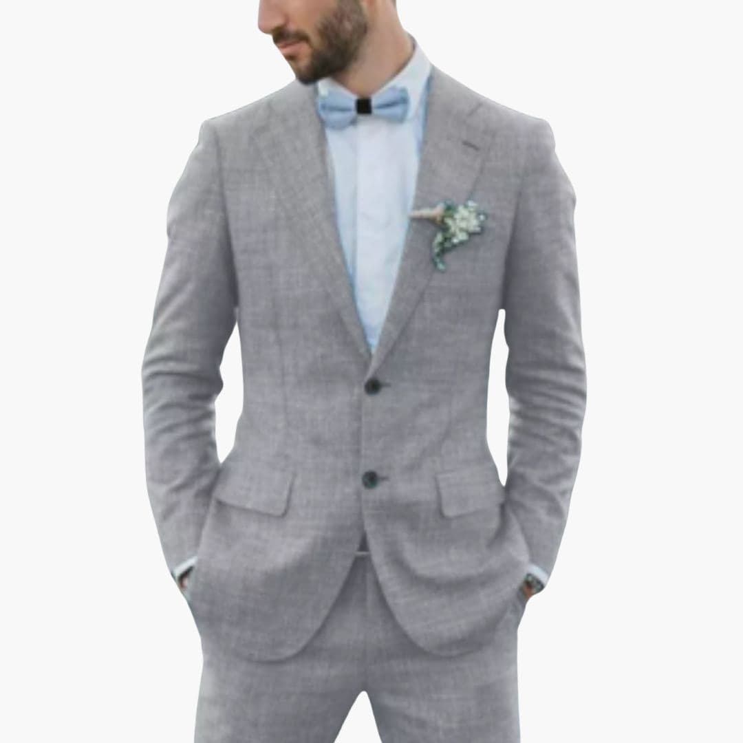 Men's classic navy business suit notched lapel flap pockets two-button slim fit professional attire