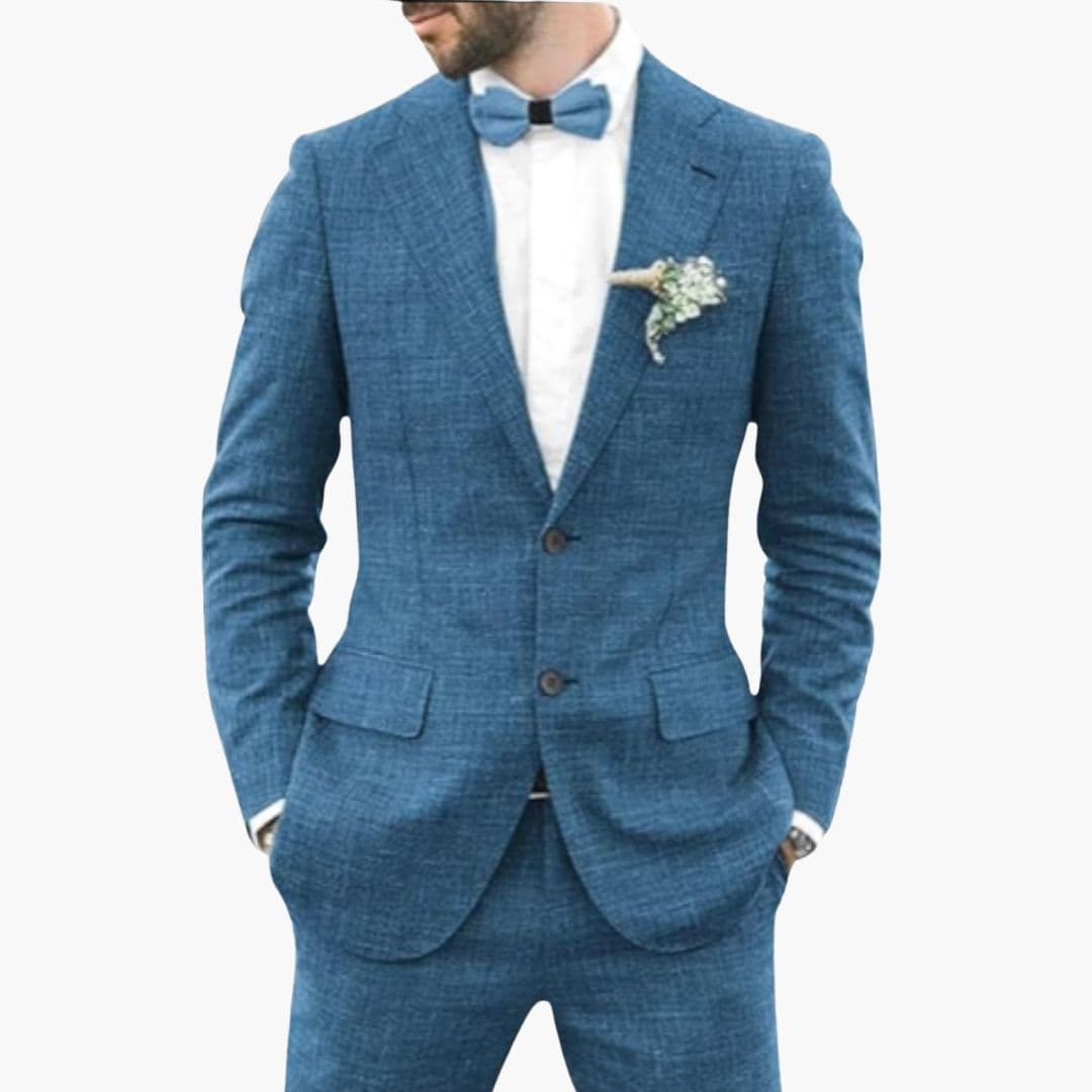 Men's classic navy dress suit notched lapel flap pockets two-button slim fit professional business attire