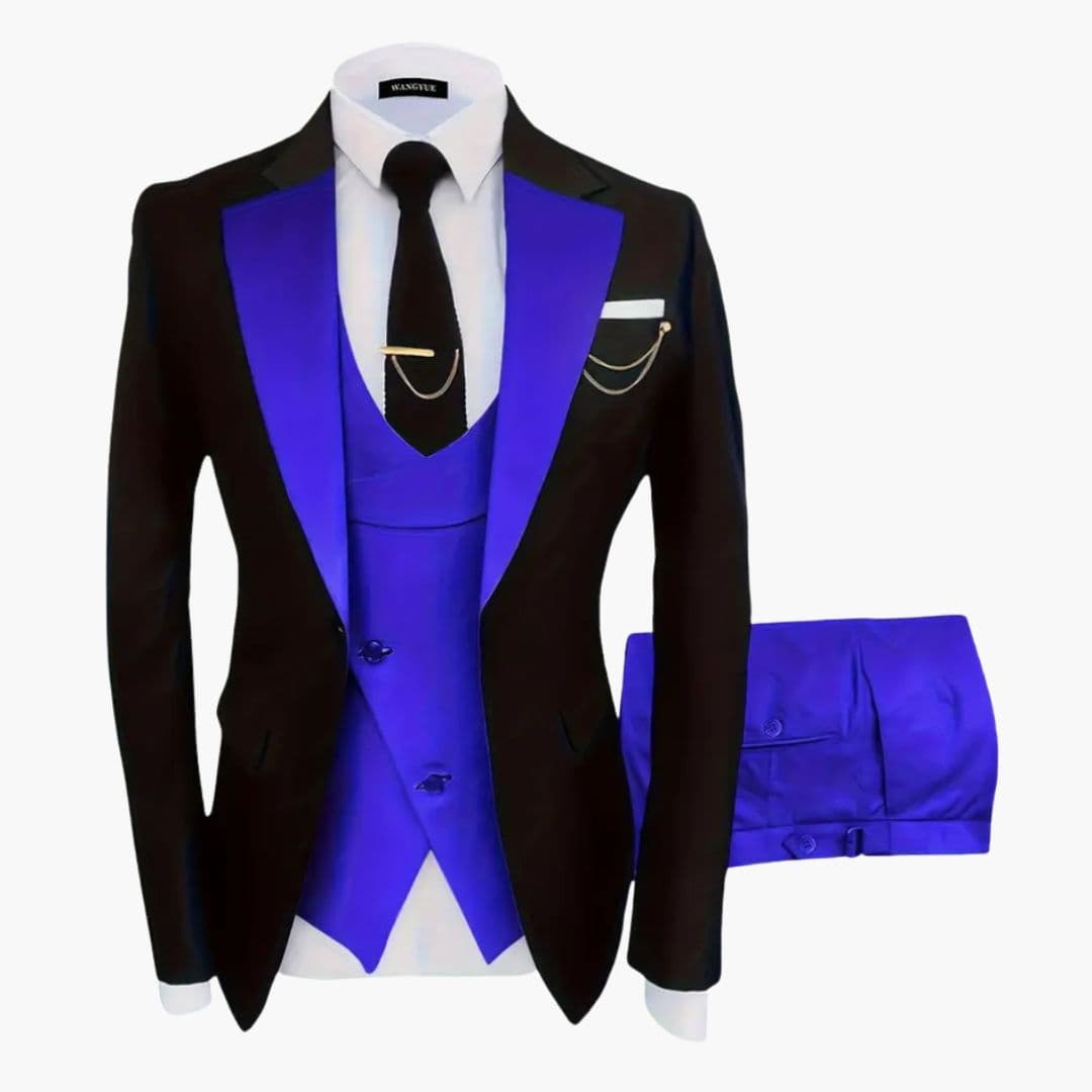 Men's navy blue three-piece suit with notched lapel jacket, matching vest, and tailored formal silhouette