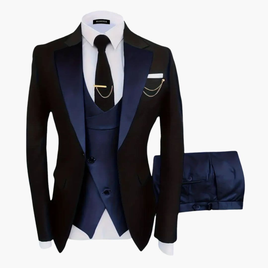 Men's navy blue three-piece suit with notched lapel jacket, matching vest, and two-button closure