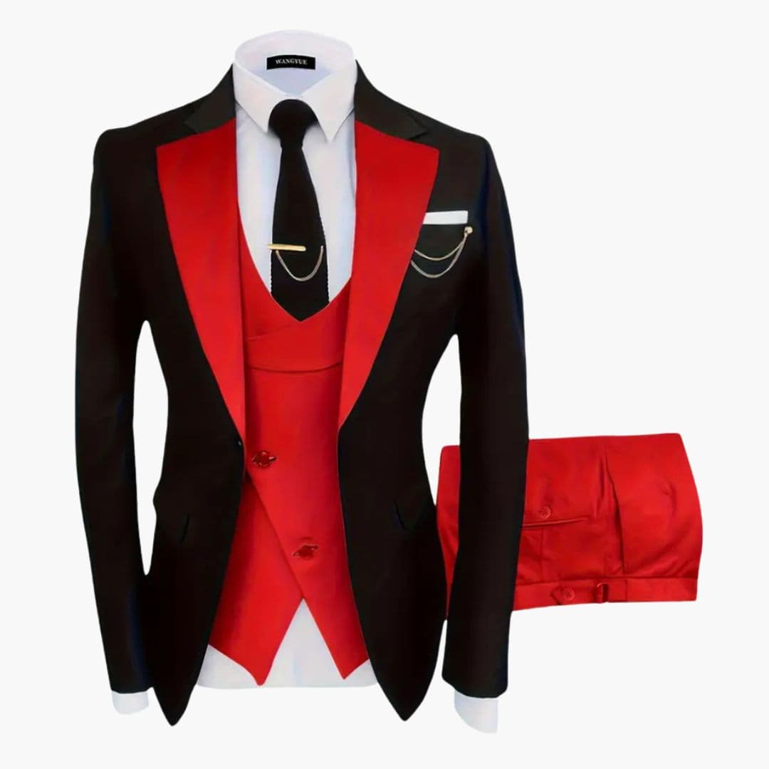 Men's navy blue three-piece suit with notched lapel jacket, matching vest, and two-button closure