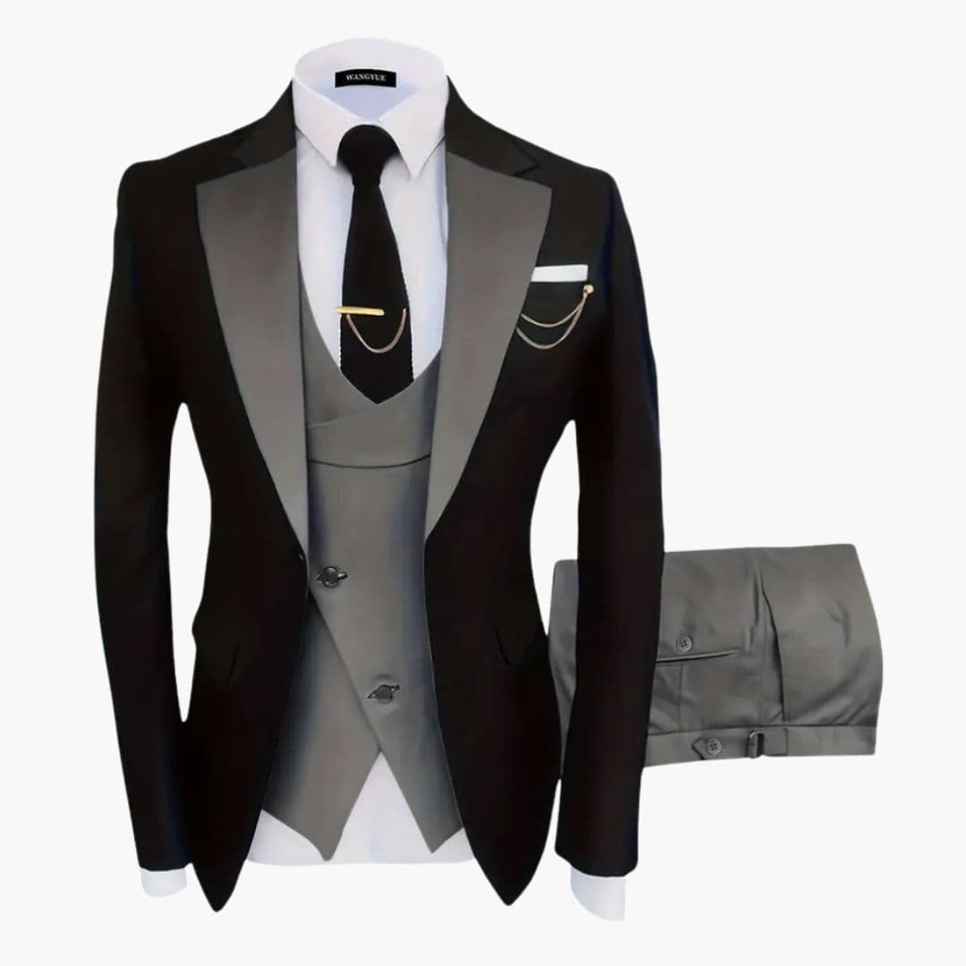 Men's charcoal three-piece suit with notched lapel jacket, matching vest, and tailored formal silhouette