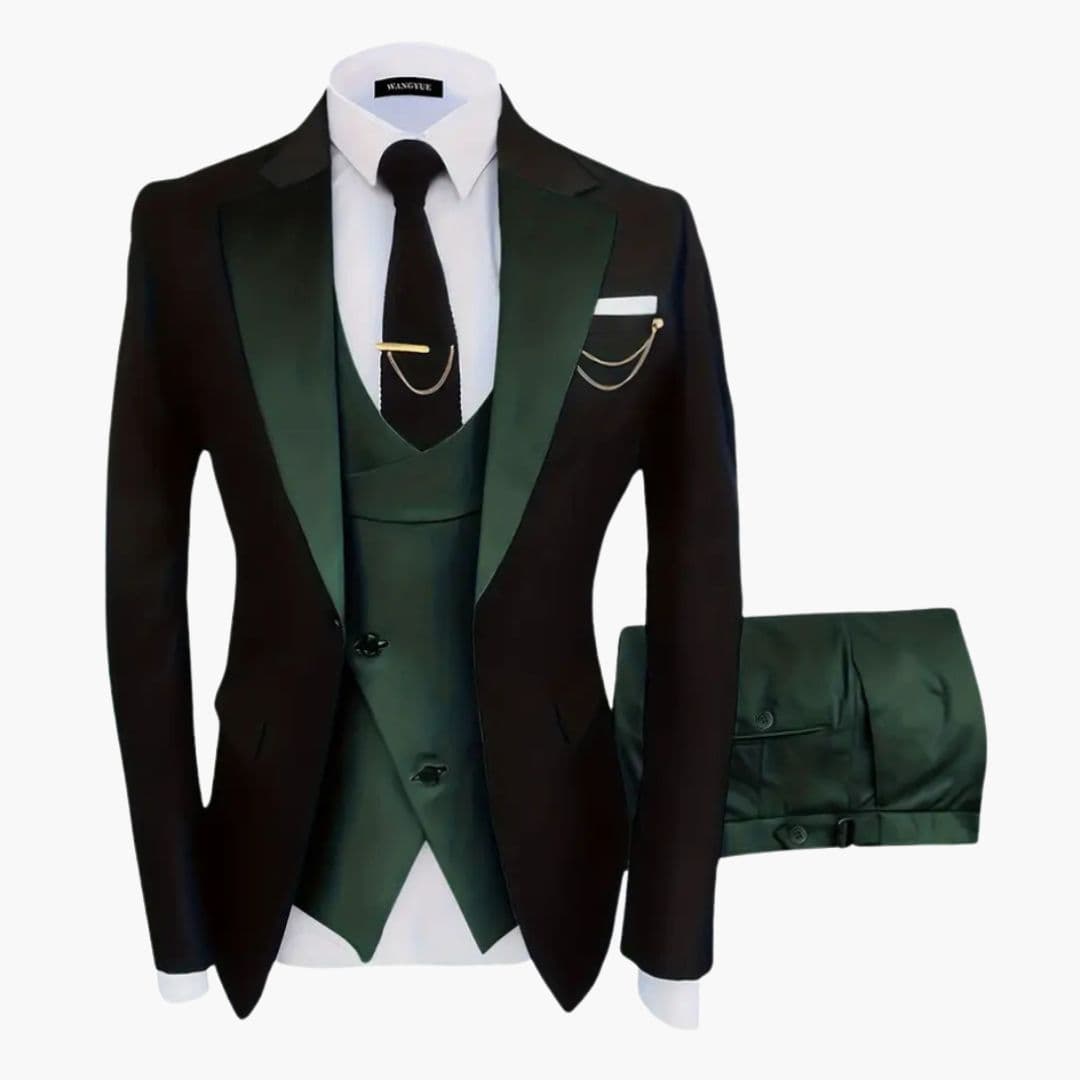Men's navy blue three-piece suit with notched lapel jacket, matching vest, and two-button closure