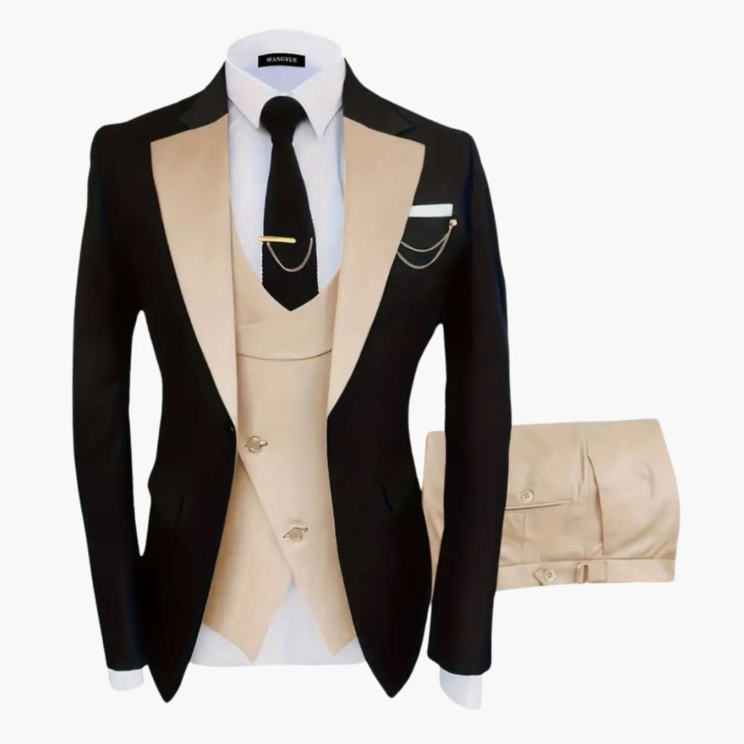 Men's charcoal three-piece suit with notched lapel jacket, matching vest, and tailored two-button closure